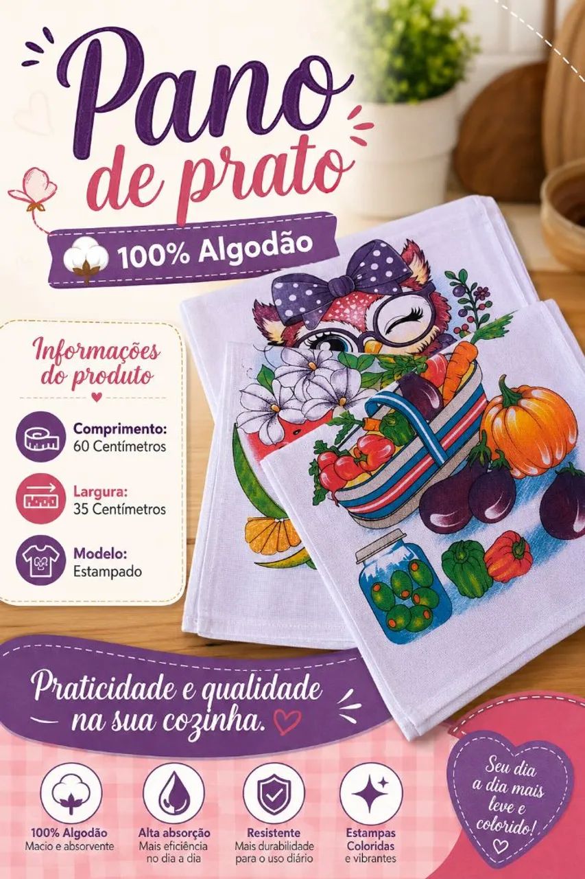 Kit 10 Panos de prato 100% Algodão 