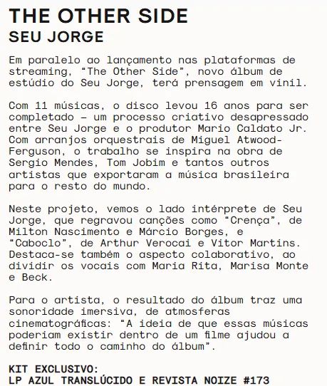 VINIL - THE OTHER SIDE - SEU JORGE (NOIZE) - Foto 3