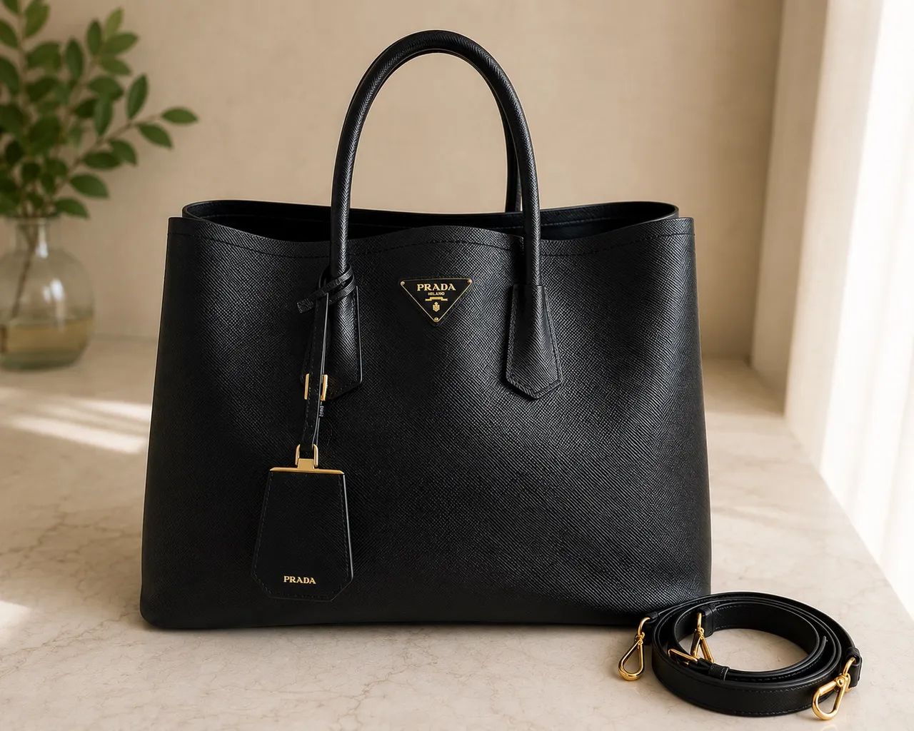 PRADA - Bolsa Tote Double Saffiano Medium Preta - Foto 4