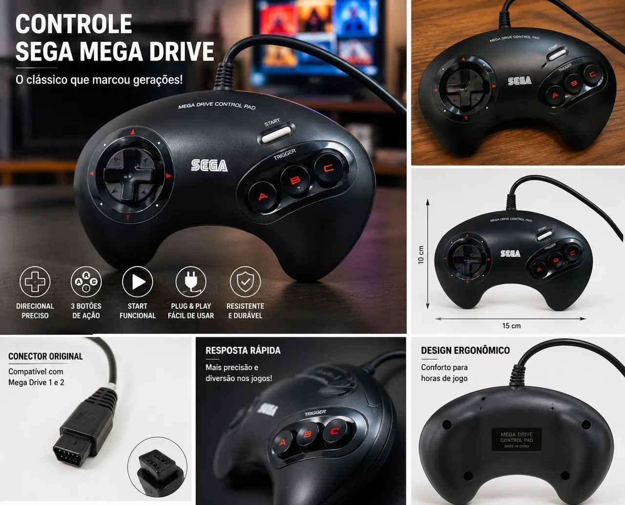 Kit 2 controles e 1 rapid fire Sega mega drive