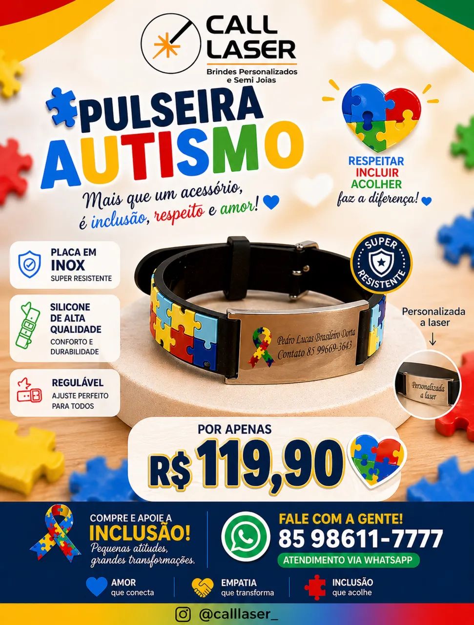 Pulseira Tema Autismo em Silicone com Aço - Personalizad - Foto 2