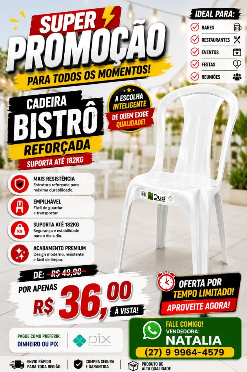 CADEIRA PLÁSTICA BISTRÔ 182 KG PARA ALUGUEIS E IGREJAS