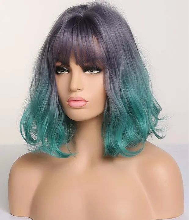Peruca sintética com franja cabelo azul