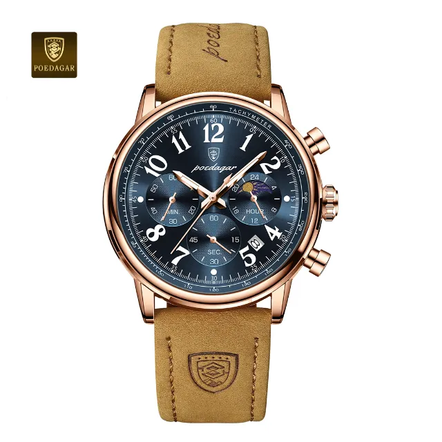 Relógio Poedagar 808 Pulseira de Couro, Rose Gold -Entrega Grátis-