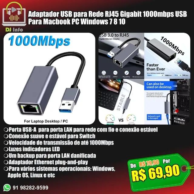 Adaptador USB para Rede RJ45 Gigabit 1000mbps USB Para Macbook PC Windows 7 8 10 