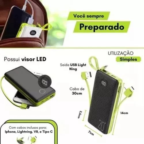 Carregador Portátil Power Bank 20000mAh 3 Cabos USB iOS Tipo C O'Gold Novo Loja Coimbra - Foto 4