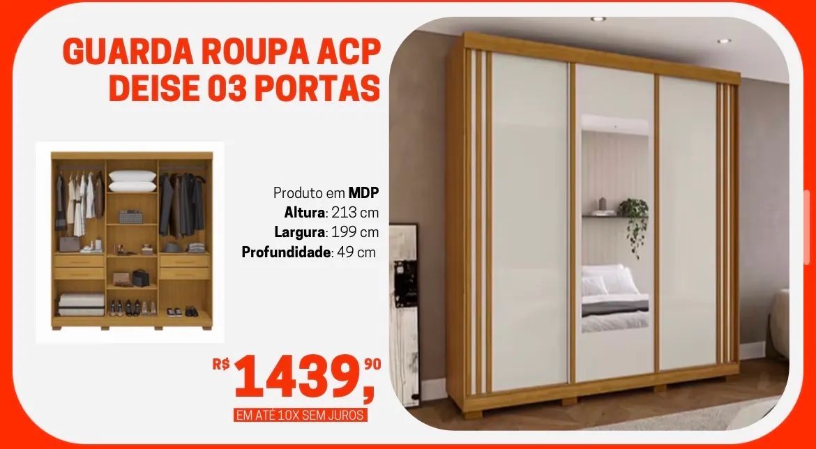 Guarda-Roupa ACP Deise - 03 Portas - Com Espelho - Novo!