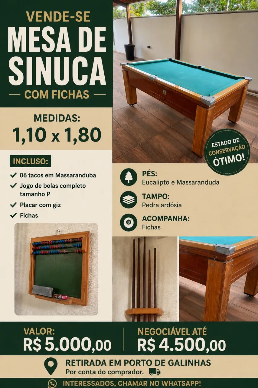 Mesa de sinuca tampo de ardósia 