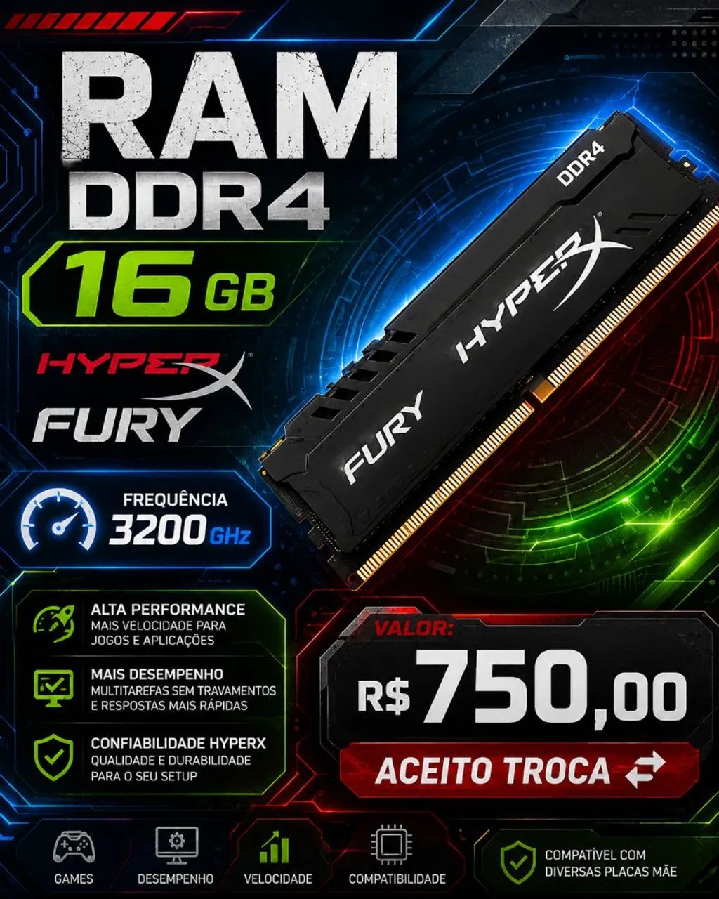 Memória RAM DDR 4 16 gigas 3000GHZ 