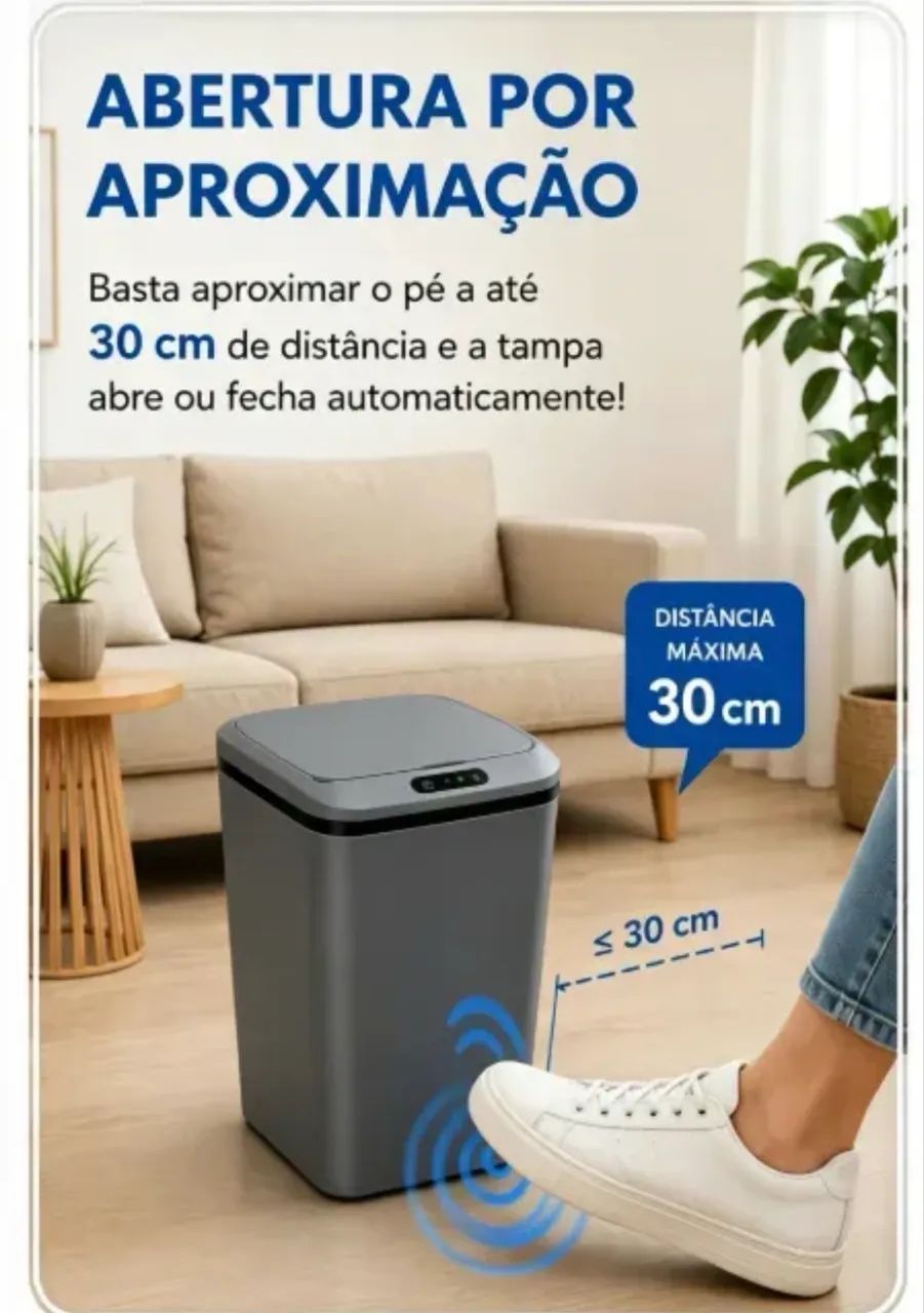 Lixeira Inteligente Sem Contato Sensor Infravermelho + USB Recarregável, Cinza Escuro 16L - Foto 3