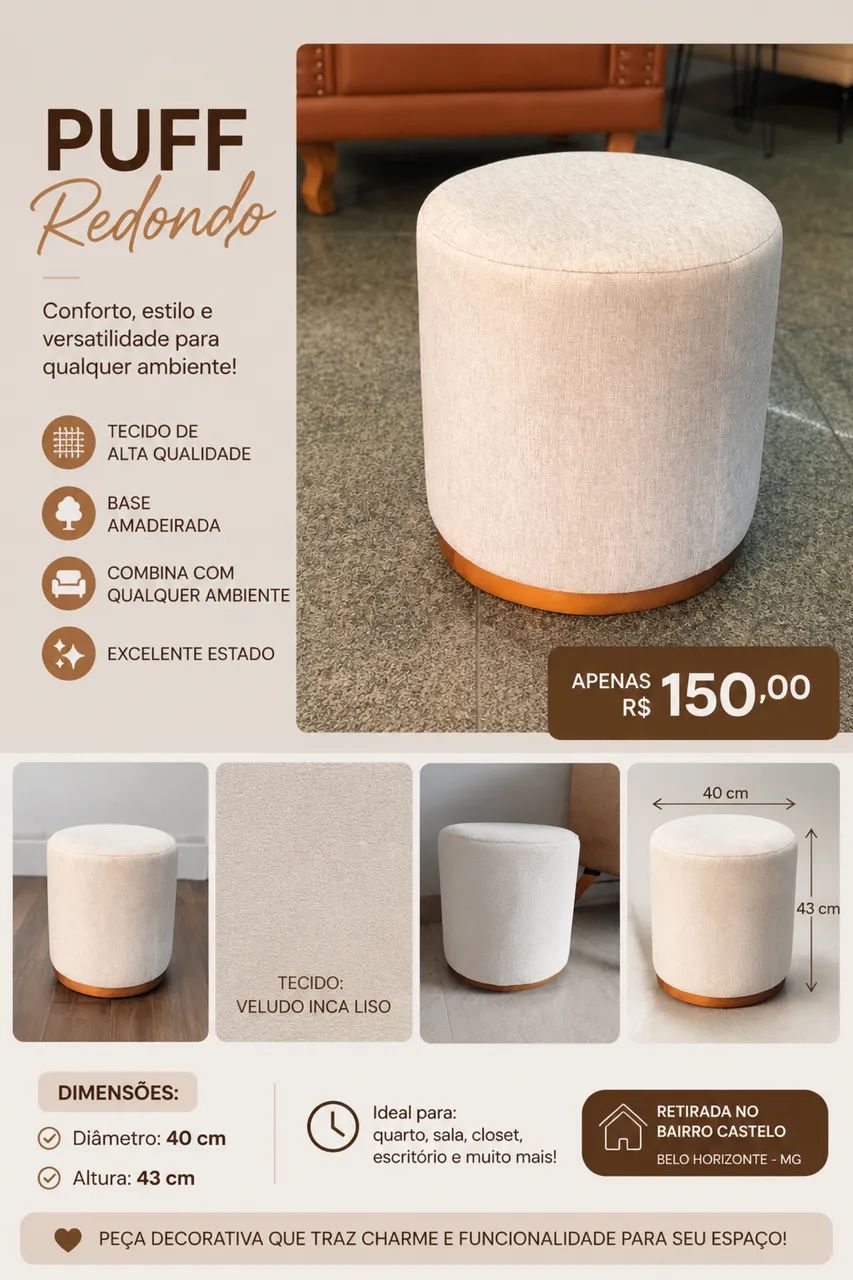 Puff Decorativo Redondo Bege com Base Amadeirada - Foto 5