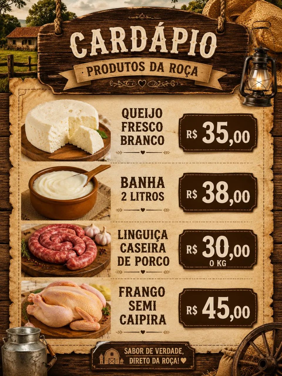 Queijo, linguiça, frango semi caipira e banha