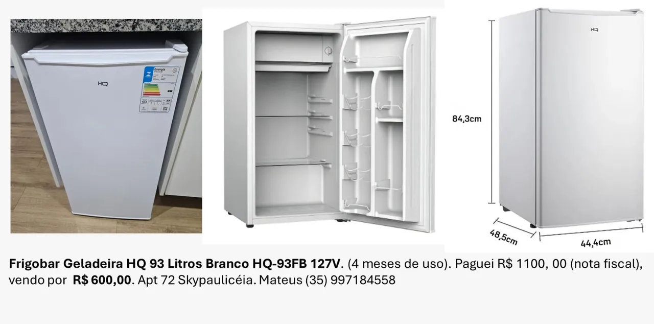 Frigobar HQ 93 Litros Branco HQ-93FB 127V