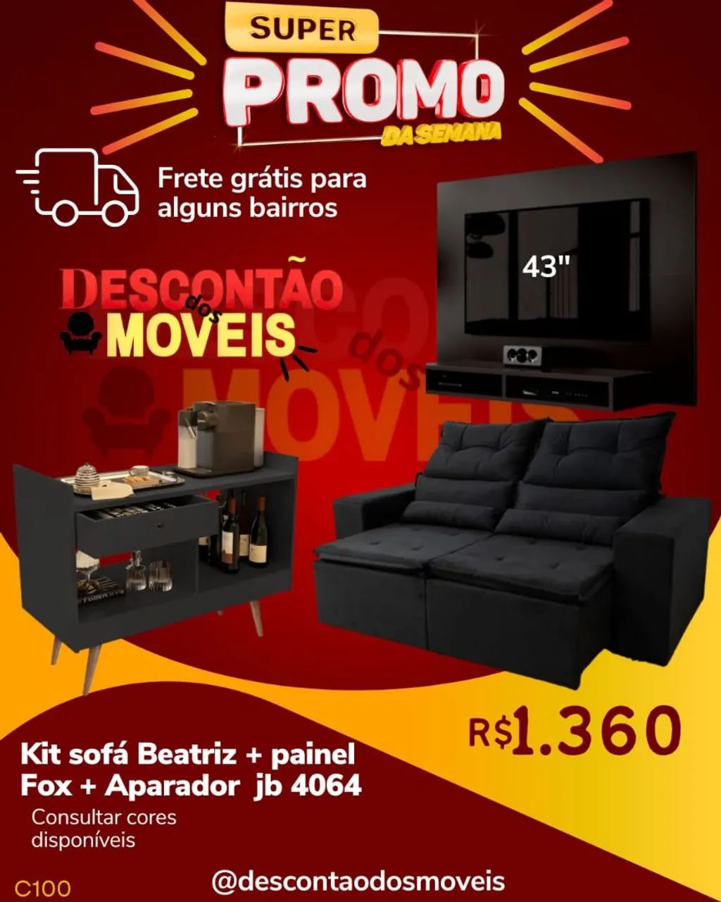 Kit Sofá Beatriz + Painel Fox + Aparador JB 4064