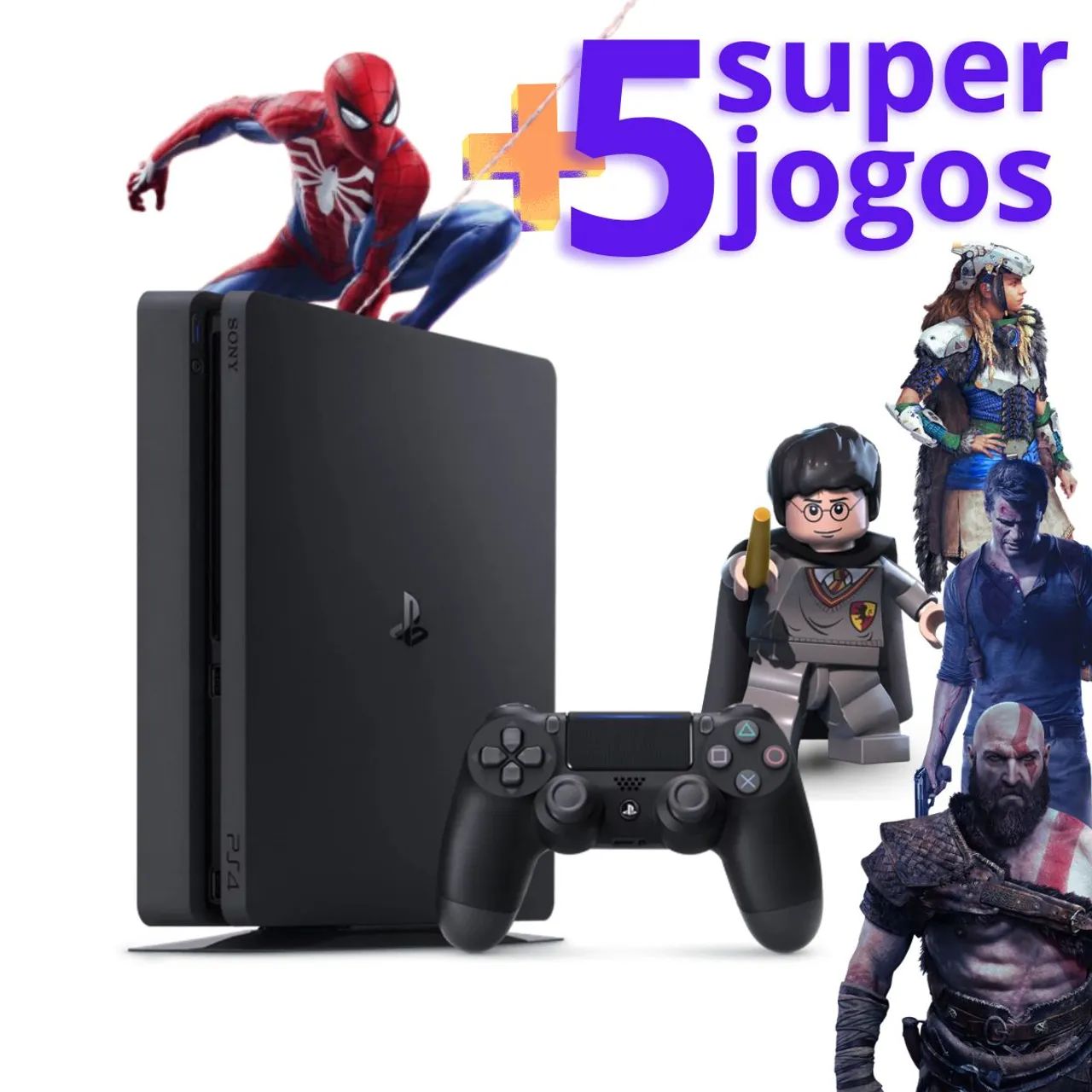 Kit Bundle Playstation 4 Slim 500gb Jetblack Cuh-2015a + 1 Controle + 5 Jogos