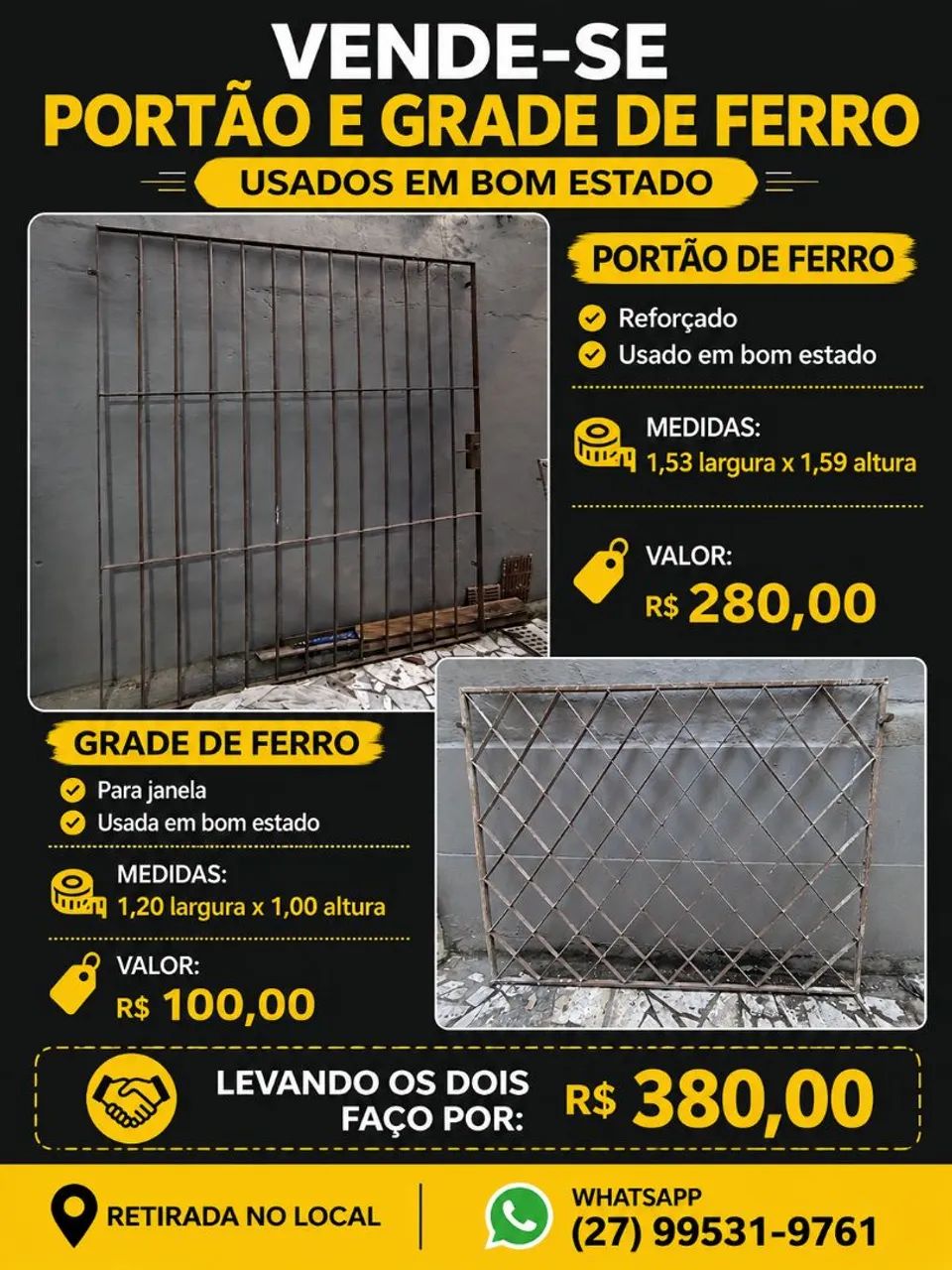 Venda de portão e grade de janela de ferro em bom estado usados