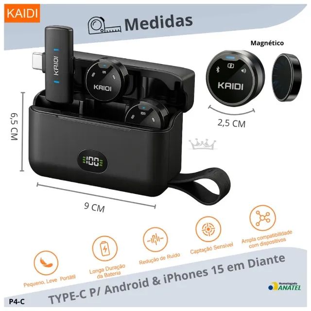 Microfone de Lapela Magnético Kaidi P4-C Duplo - Sem Fio (USB-C) - Foto 5