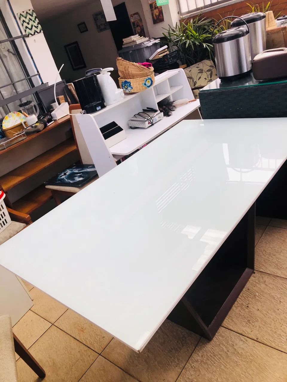 Mesa de Jantar/Retângular Branca Laqueada com Base Madeira - 8 lugares
