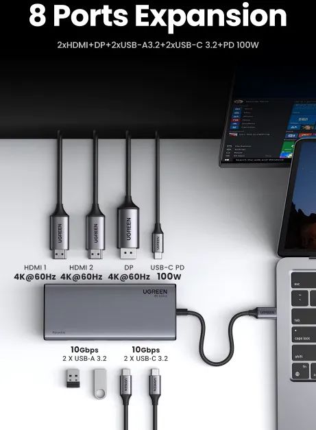 Hub Ugreen Adaptador Tipo C Portas 2xHDMI + 2xUSB A3.2 + 2xUSB C 3.2 + PD 100W - Foto 4