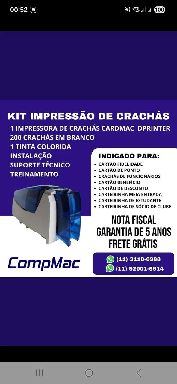 Impressora de Crachá de Funcionários Cartão de Ponto CardMac DPrinter  Cartões Crachás PVC