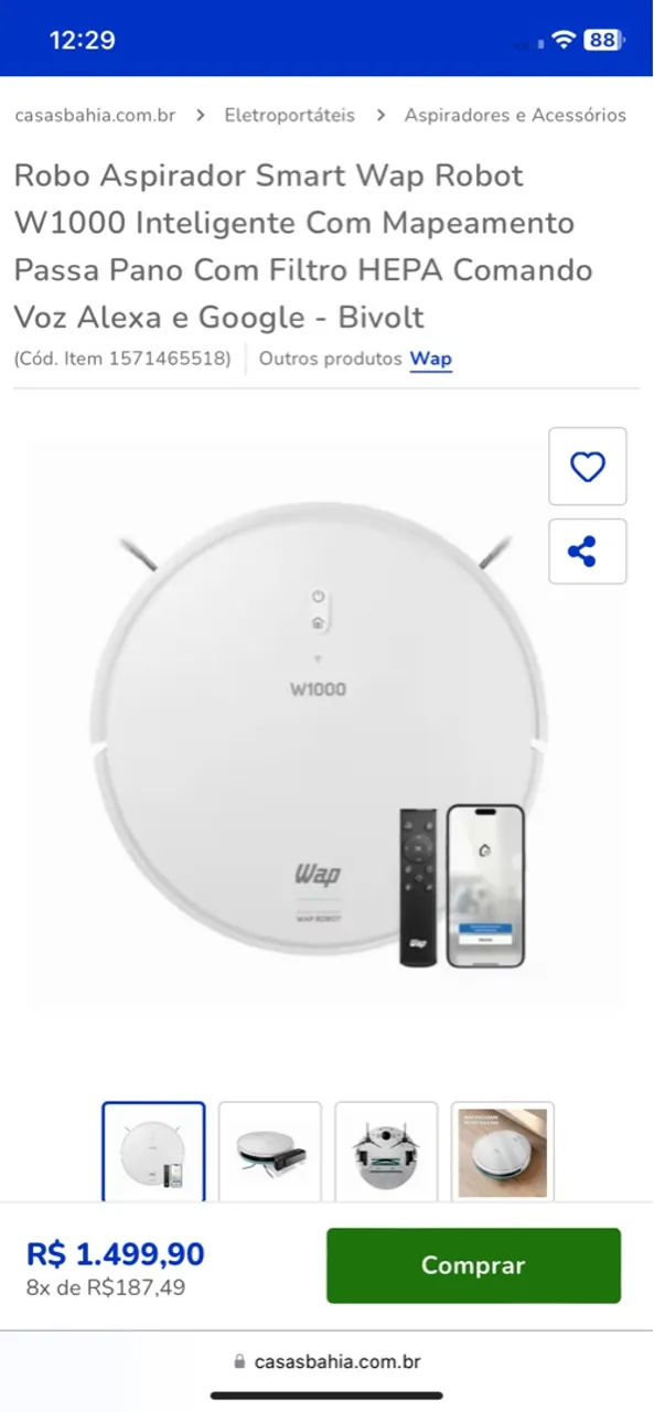 Robo Aspirador Wap W1000 Inteligente