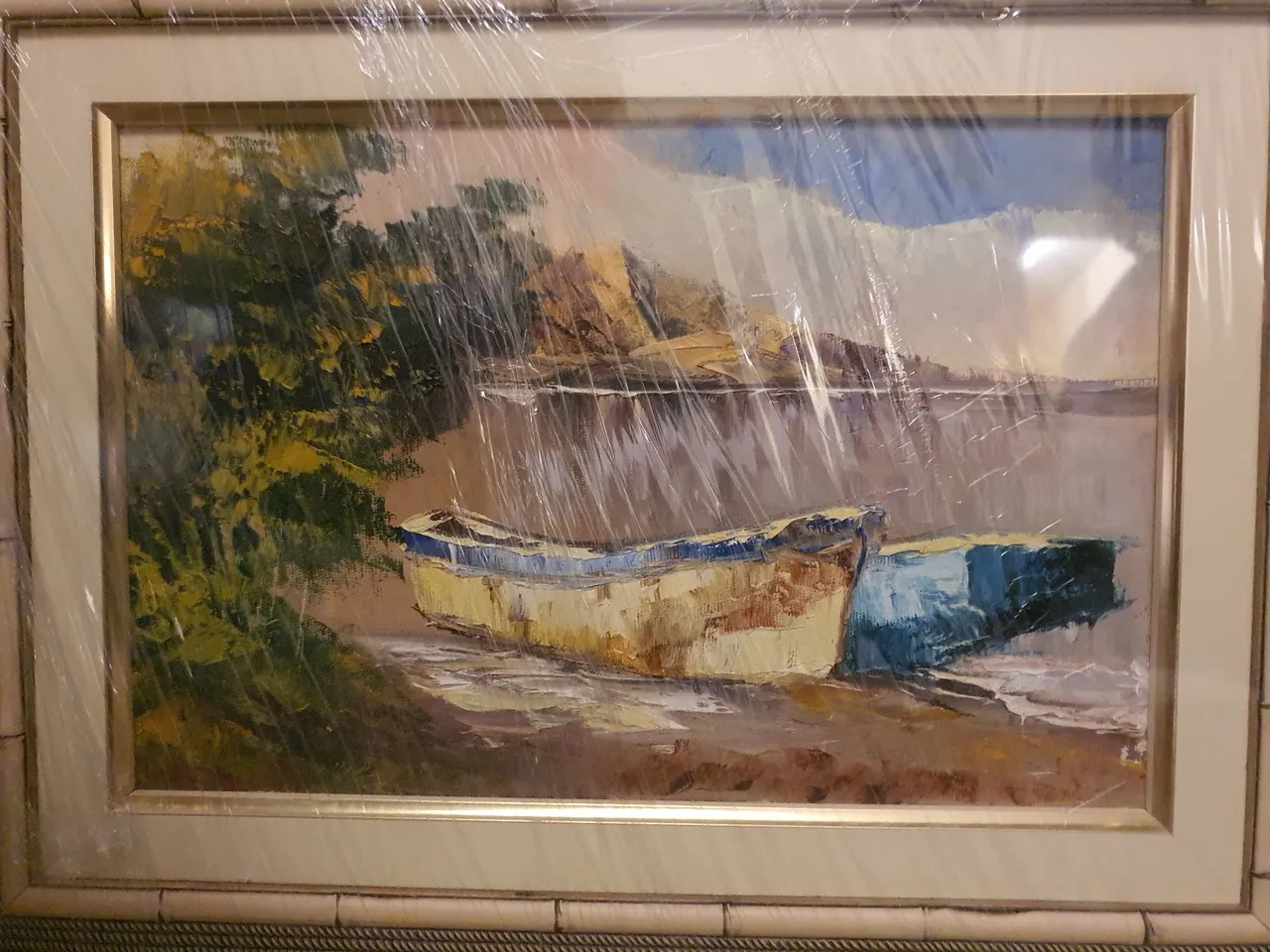 Quadro de pintura a óleo de barcos em um lago