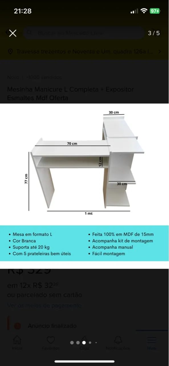 Mesinha de Manicure L - MDF Branco