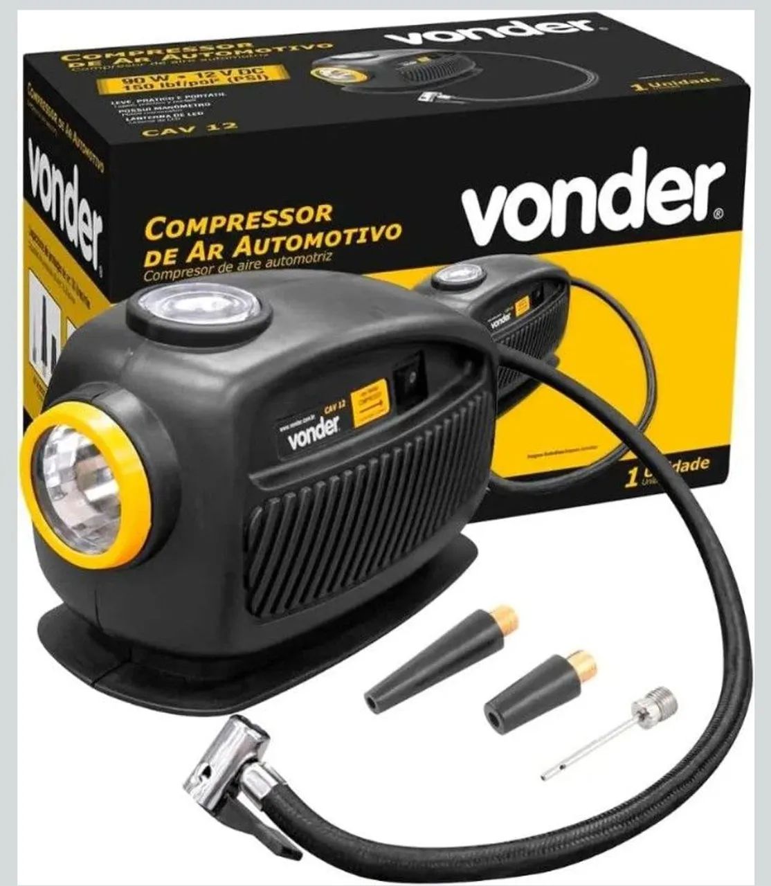 Kit compressor automotivo e kit remendos para pneu sem câmera.