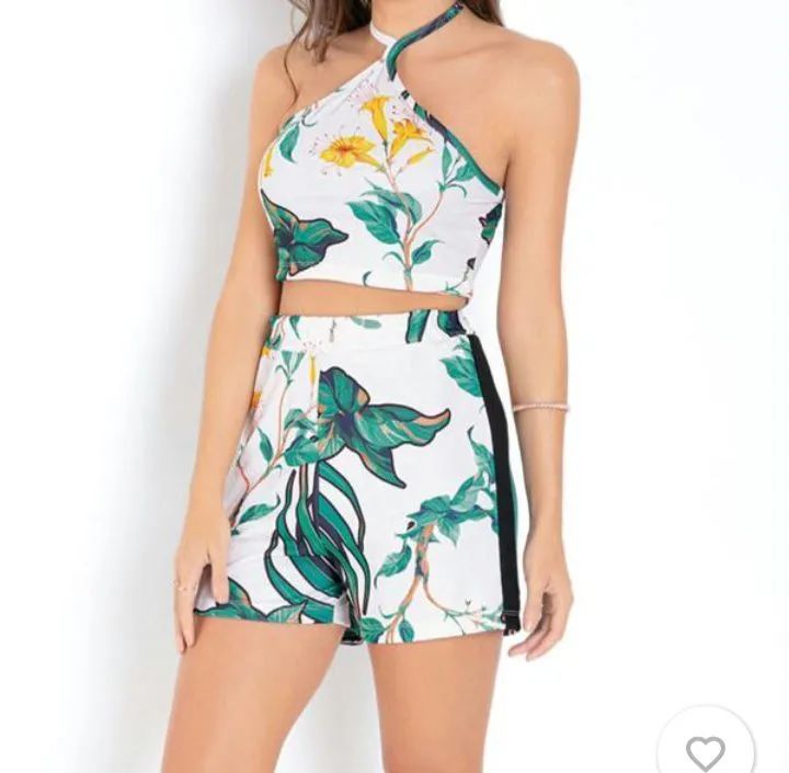 Conjunto amarração estampa folhagem
