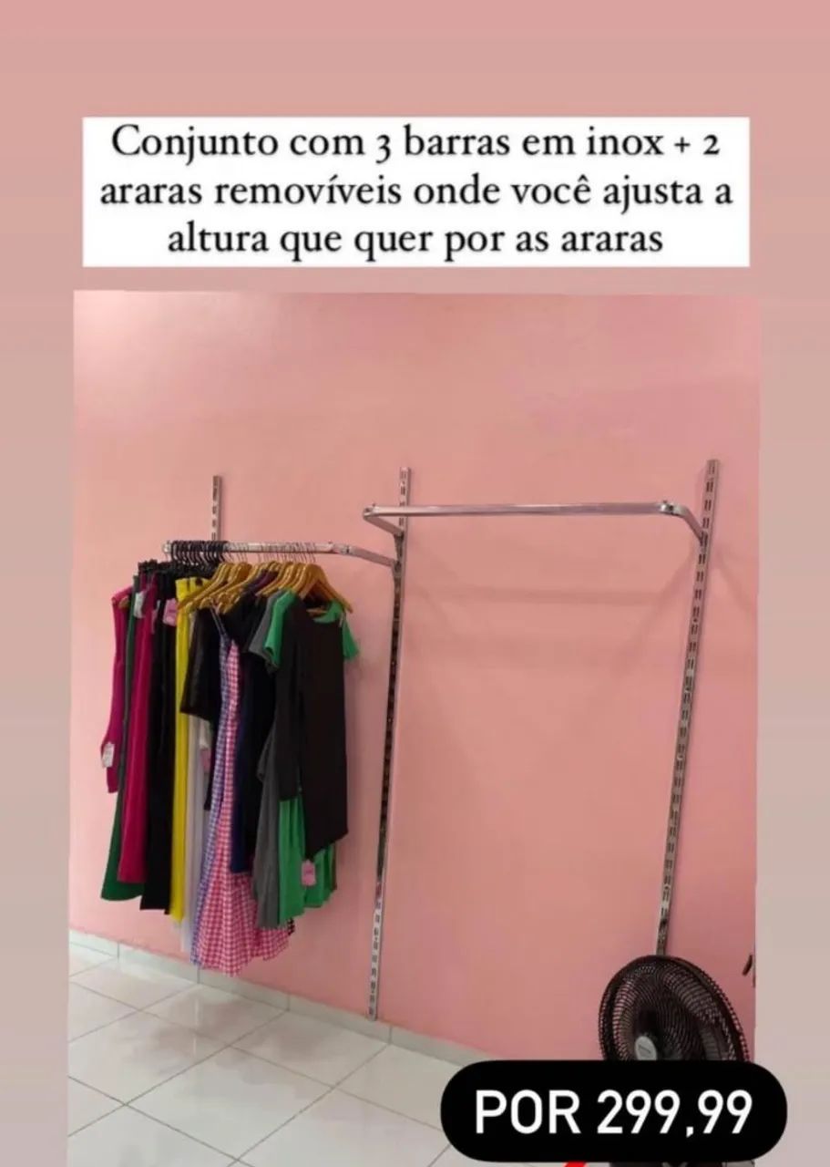 Arara de roupa com 3 barras em inox