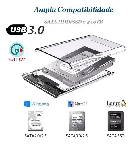 Case externo para HD de notebook SSD SATA 3 com USB 3.0 6Gbps Novo - Foto 3