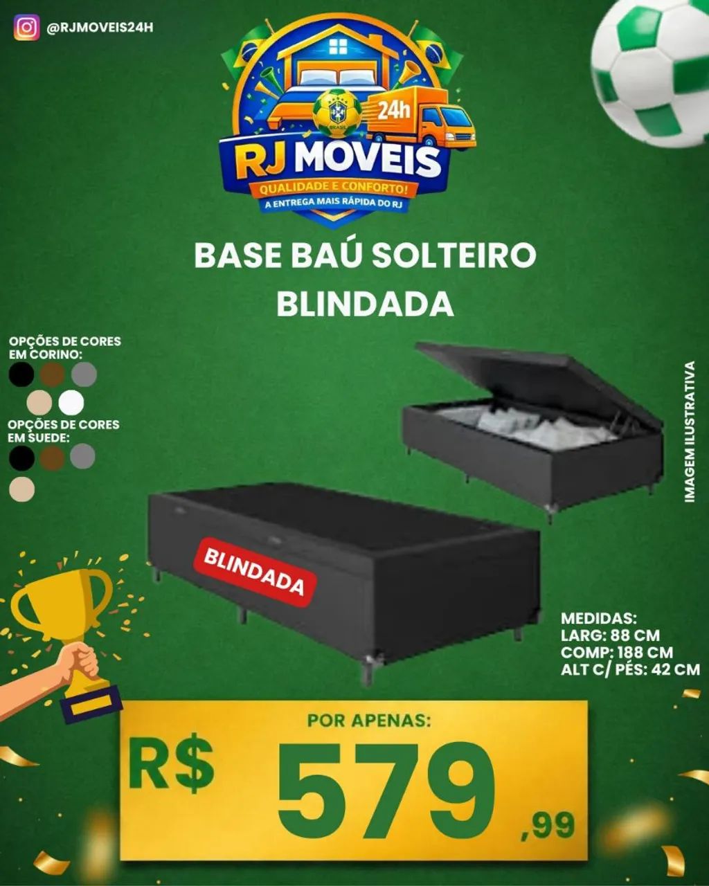 Base baú cama box solteiro blindada Suede ou Corino / 5 cores / pague na entrega 