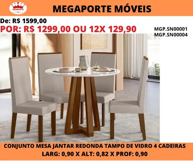 Conjunto Mesa Redonda Tampo de Vidro 4 Cadeiras
