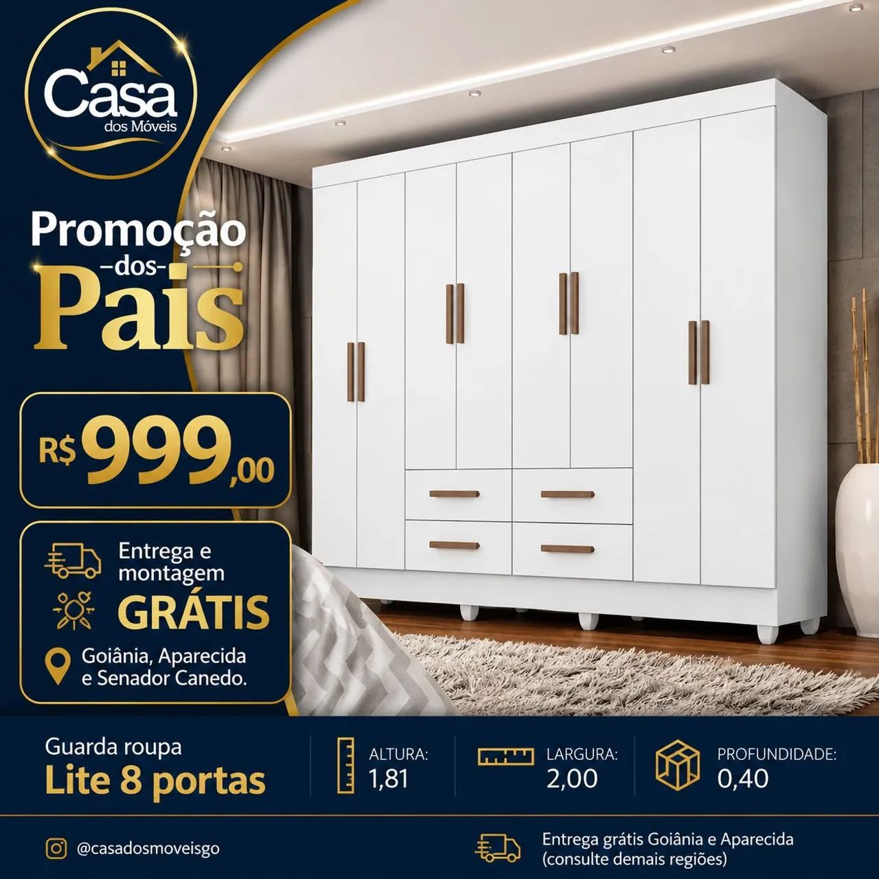 Guarda roupa 8 portas 4 gavetas - Branco 