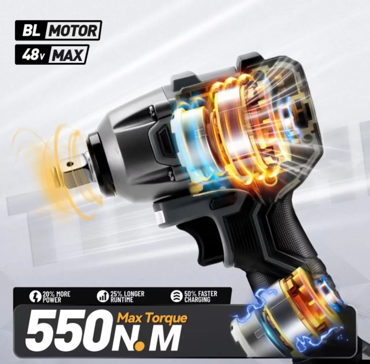 Chave De Impacto Brushless 500nm 48v Com 2 Baterias Portátil Sem Fio - Foto 4