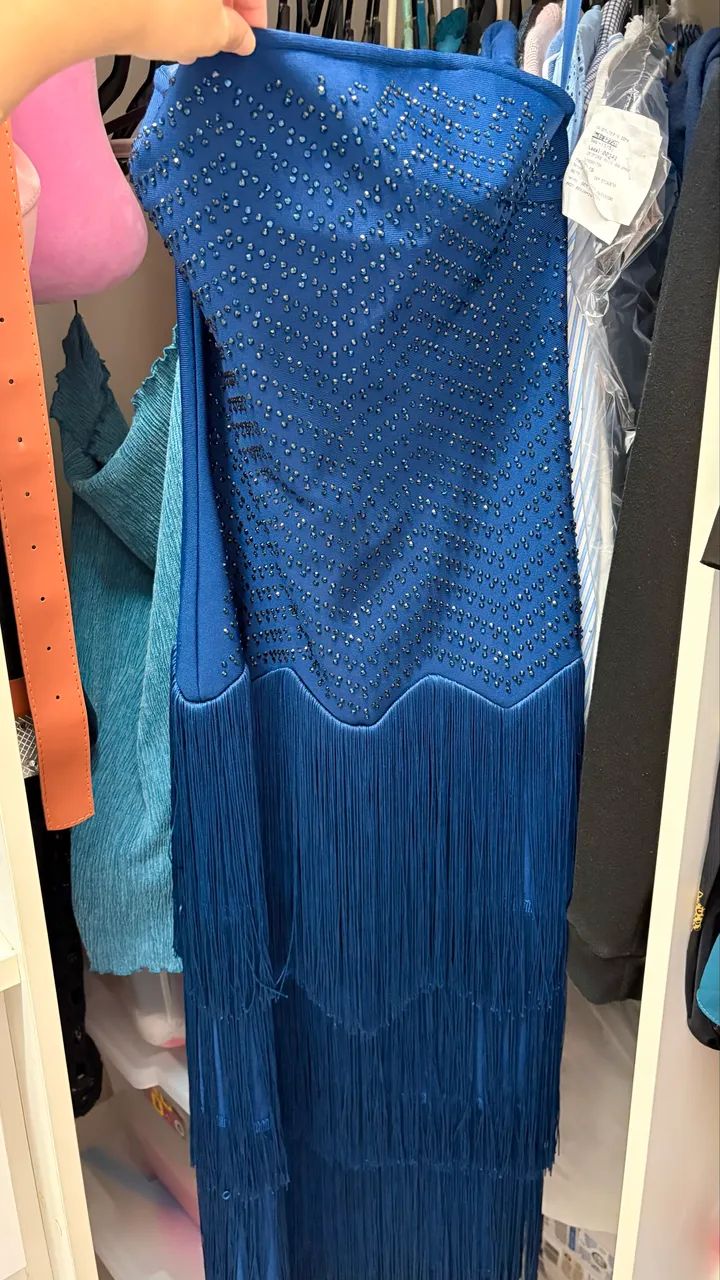 Vestido Festa - Azul com pedrinhas e franja - Foto 3