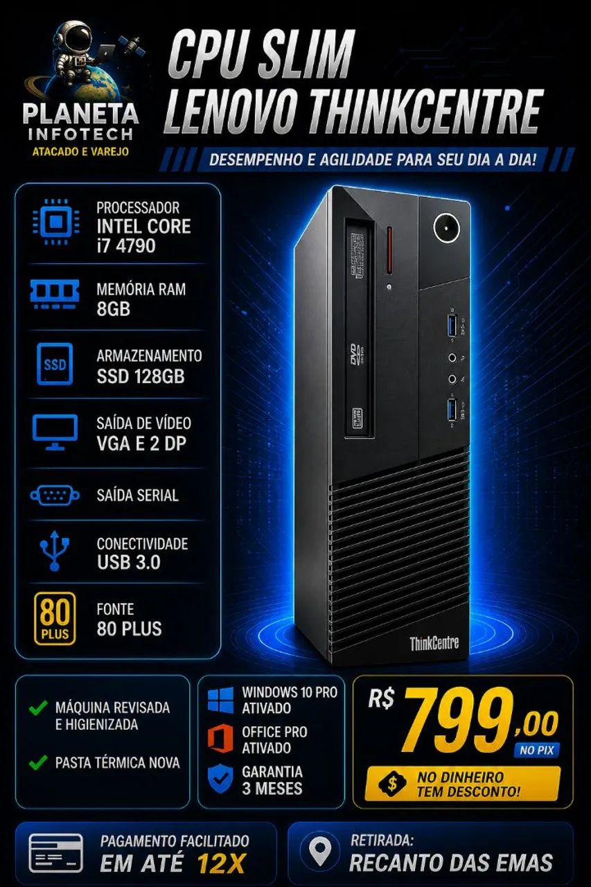 CPU Slim Lenovo core i7 4790 com 8gb de ram + SSD 128gb ( 3 meses de garantia )