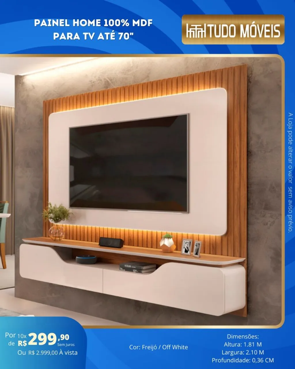 PAINEL HOME 100% MDF P/ TV ATÉ 70" / DETALHE RIPADO, LED E 2 PORTAS