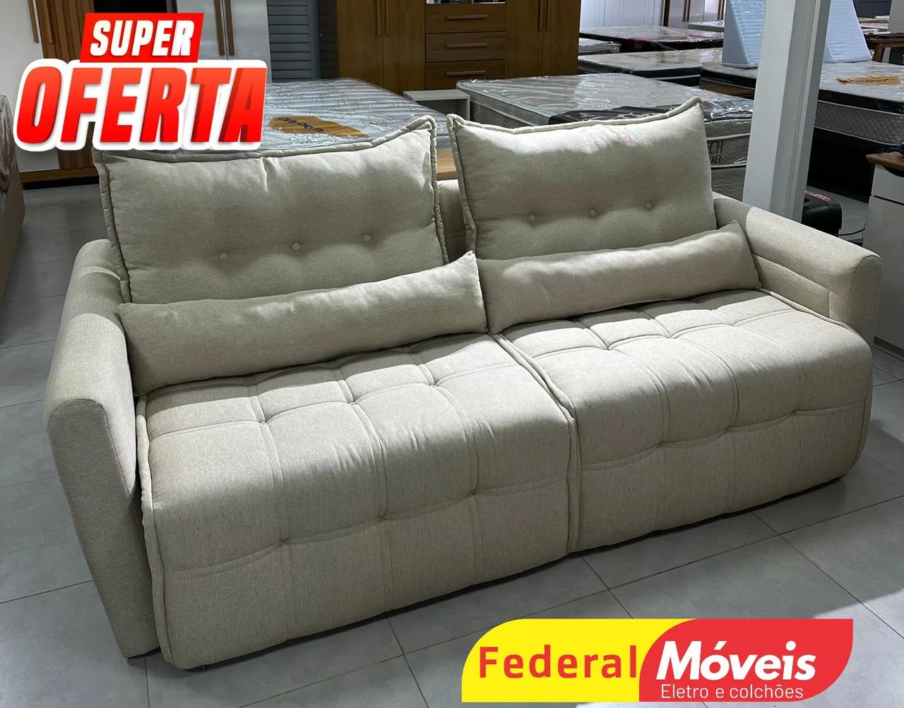 Sofá Cama 2,15m Espuma D33 em Linho - Fazemos Entregas 