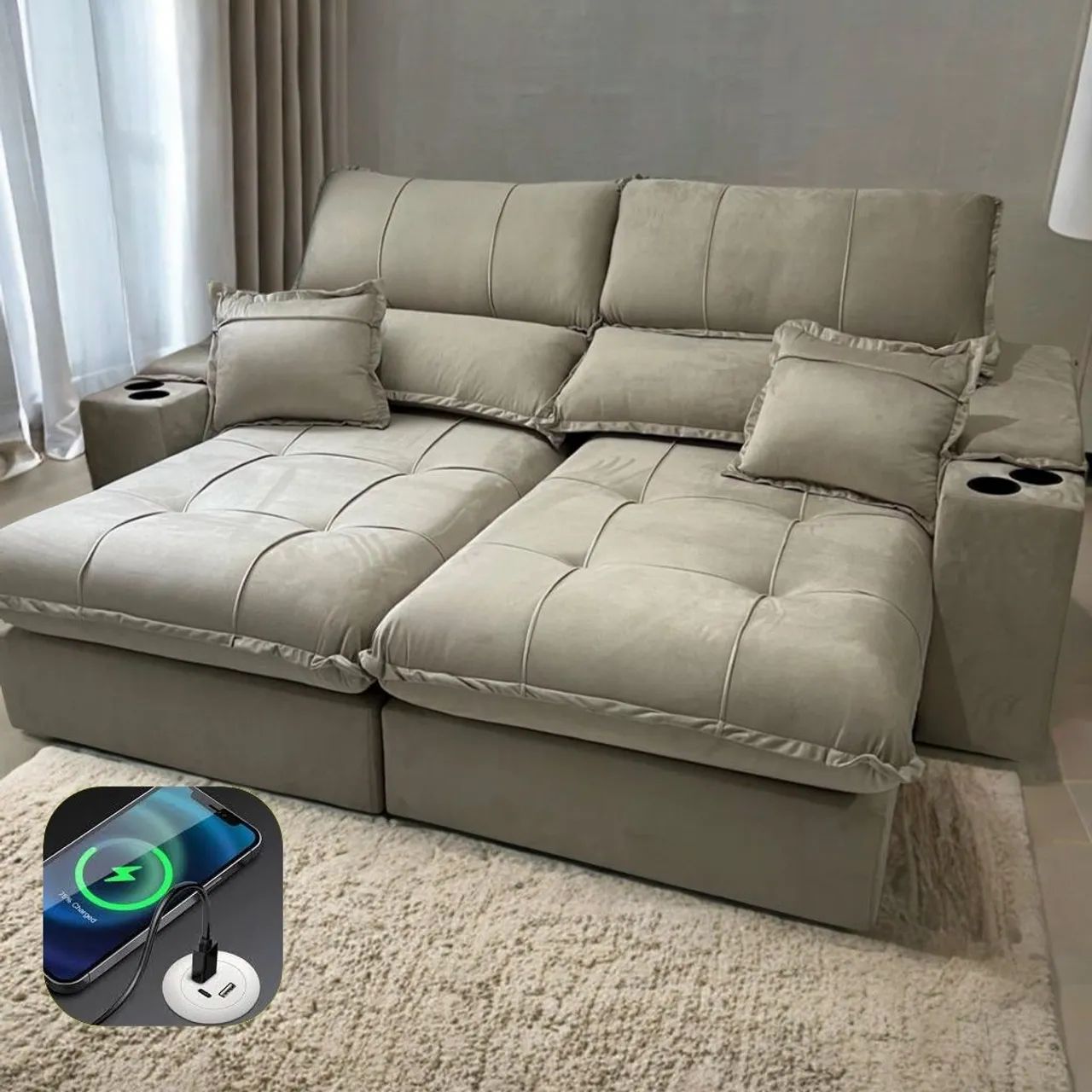 Sofá Reclinável com Carregador USB e Porta Copos