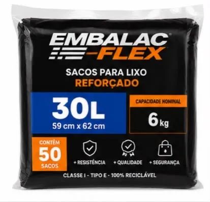 5 pacote Saco De Lixo 30 Litros Reforçado Embalac Flex  cada pacote 50 Unidades