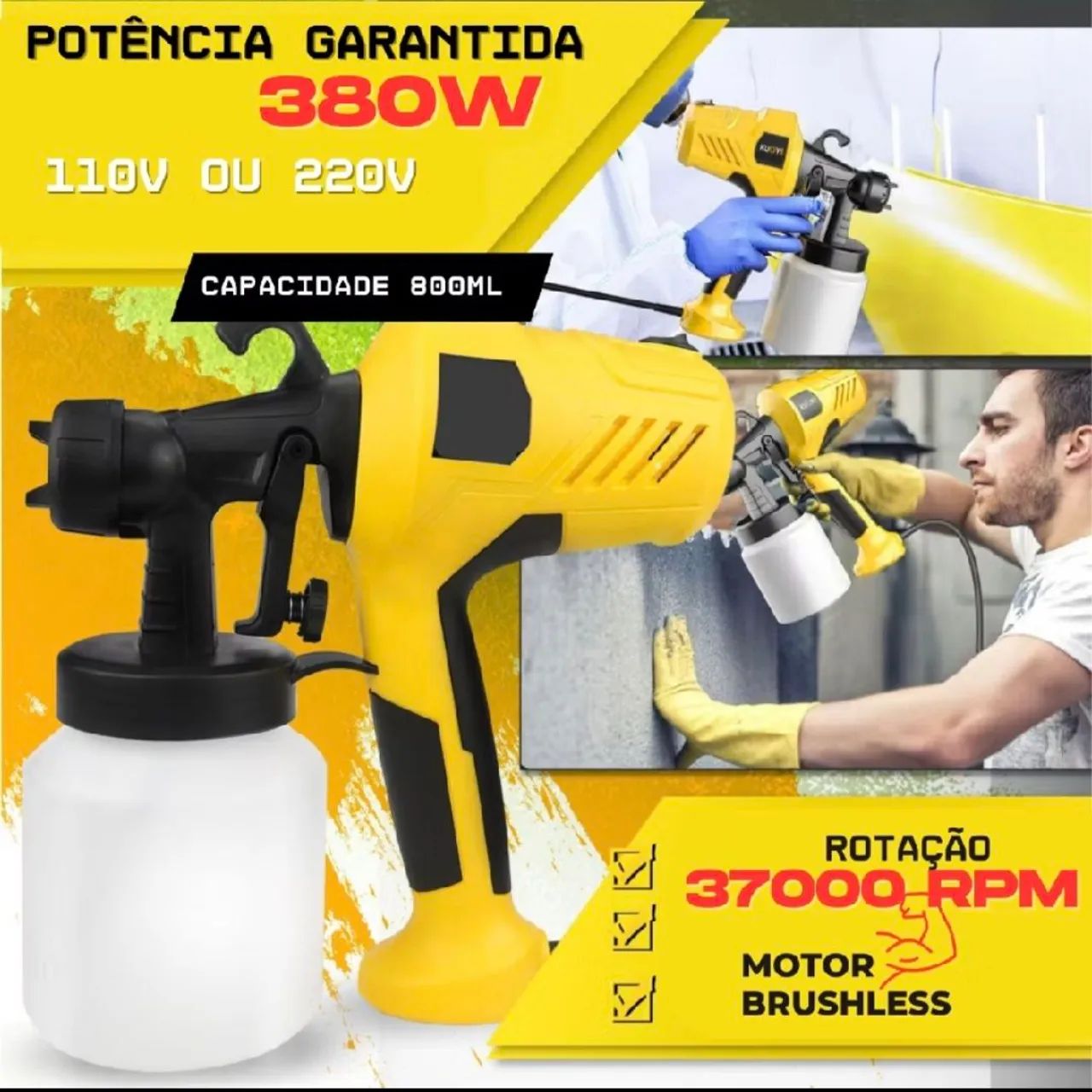 Pistola de Pintura Pulverizador de Tinta Elétrico 110v ou 220v 37000r Compressor 800ml - Foto 2