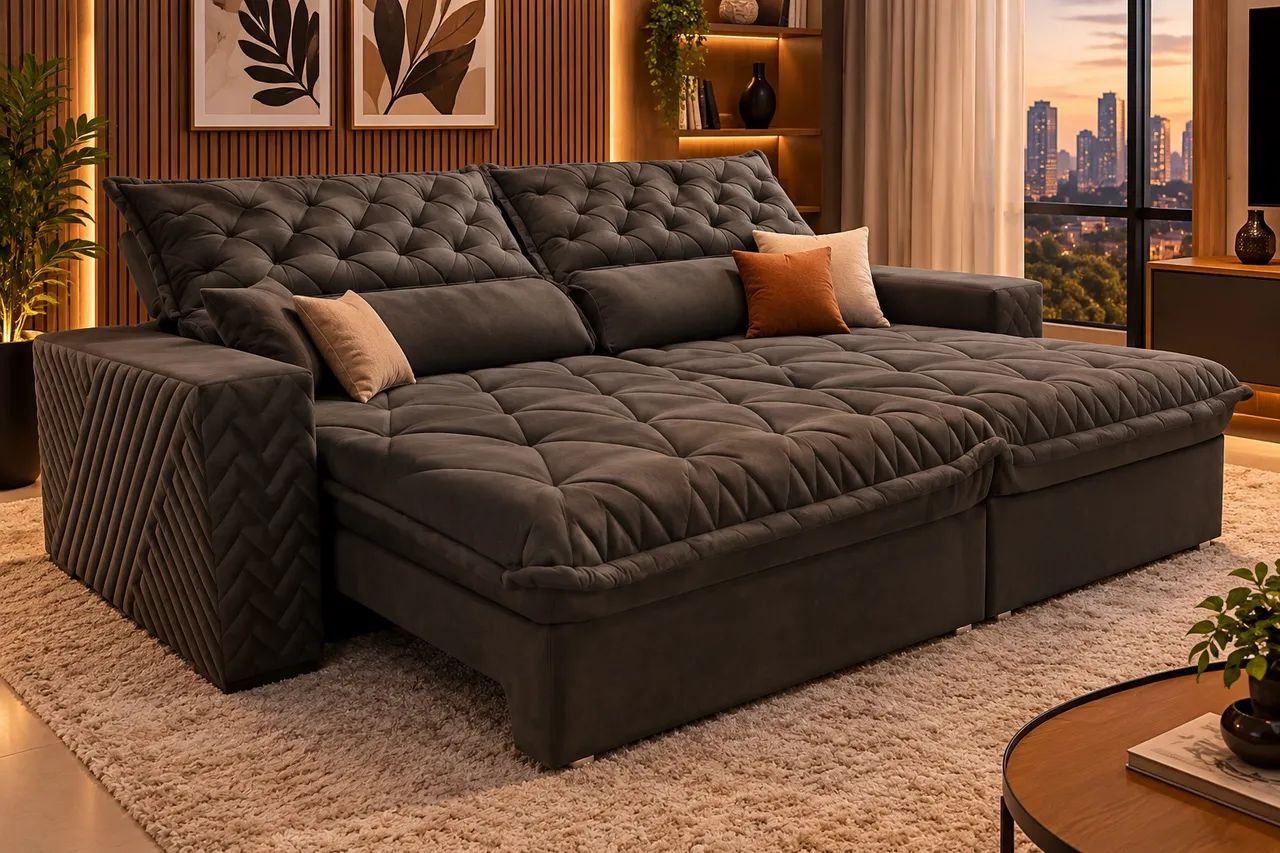 SOFÁ RETRÁTIL E RECLINÁVEL 2,95M MOLAS ENSACADAS CAMA INBOX SPAZUS COM BORDADO 3D VELOSOFT