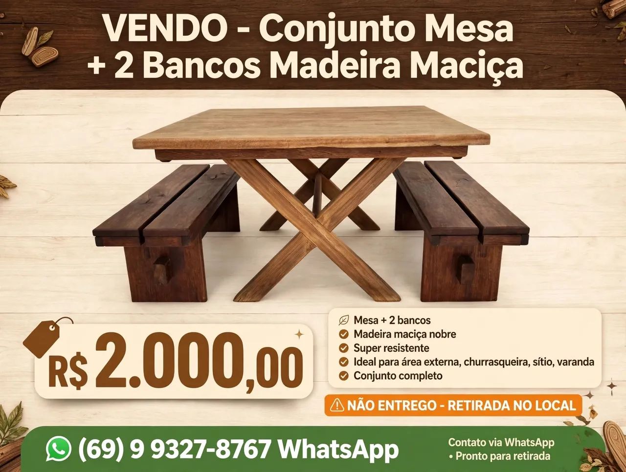 Mesa e bancos de madeira 