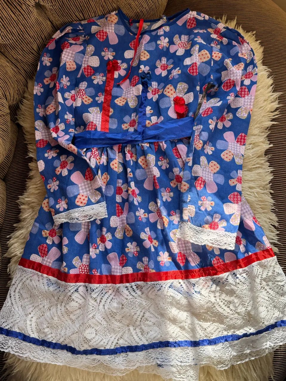 Vestido de Festa Junina Infantil - Azul Floral com Manga Longa