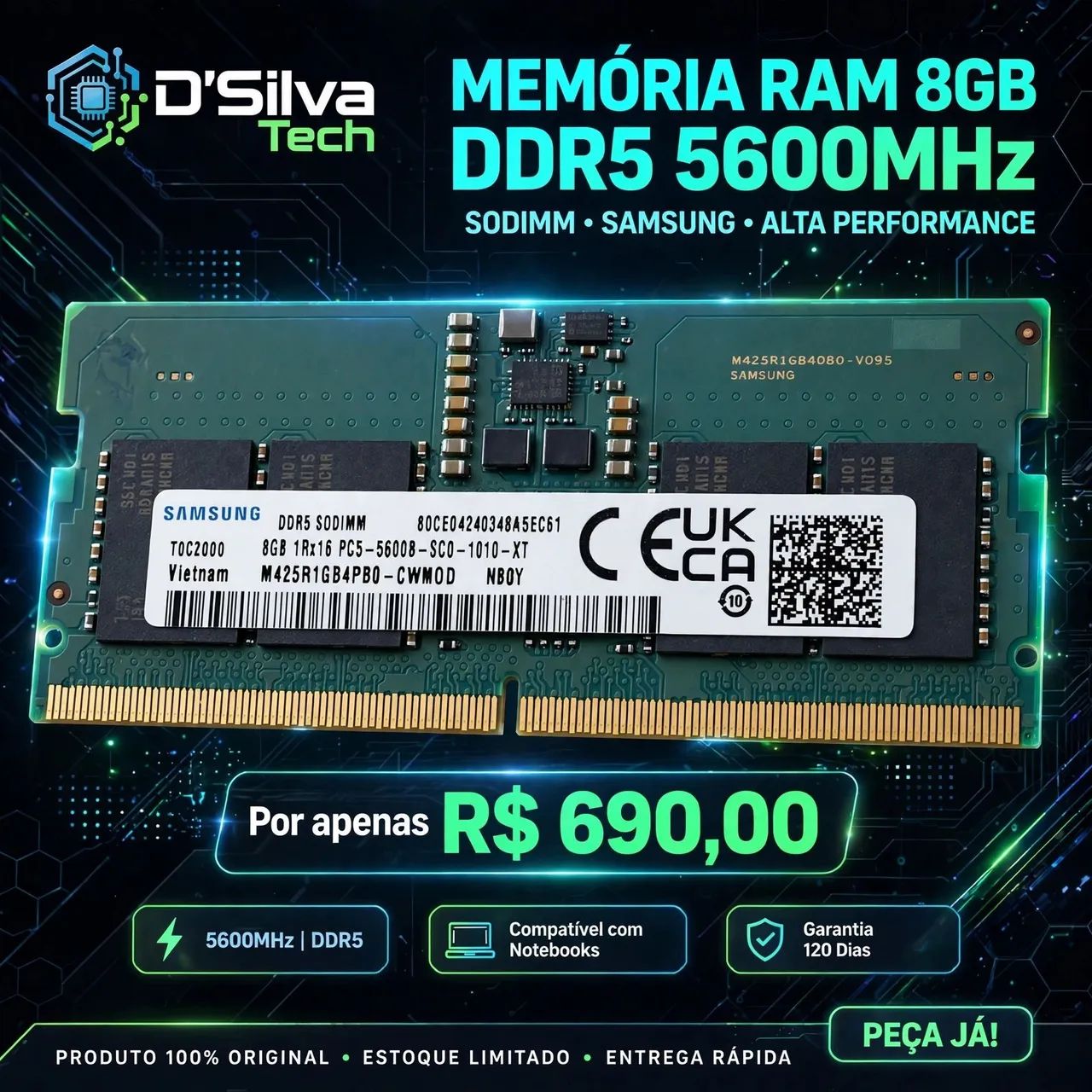 Memória ram notebook, ddr5, 8gb