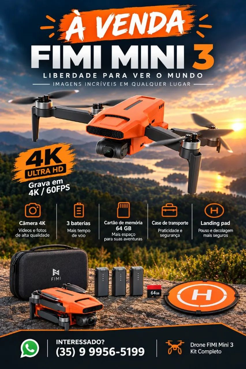 Drone FIMI Mini 3 4K - Kit Completo com 3 Baterias e Acessórios