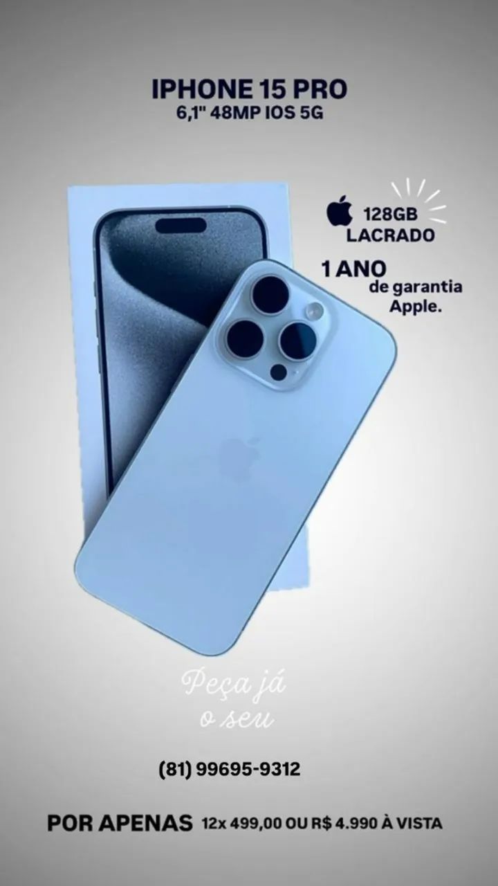 IPHONE 15 Pro 256GB Cor Titânio Natural LACRADO! UM ANO DE