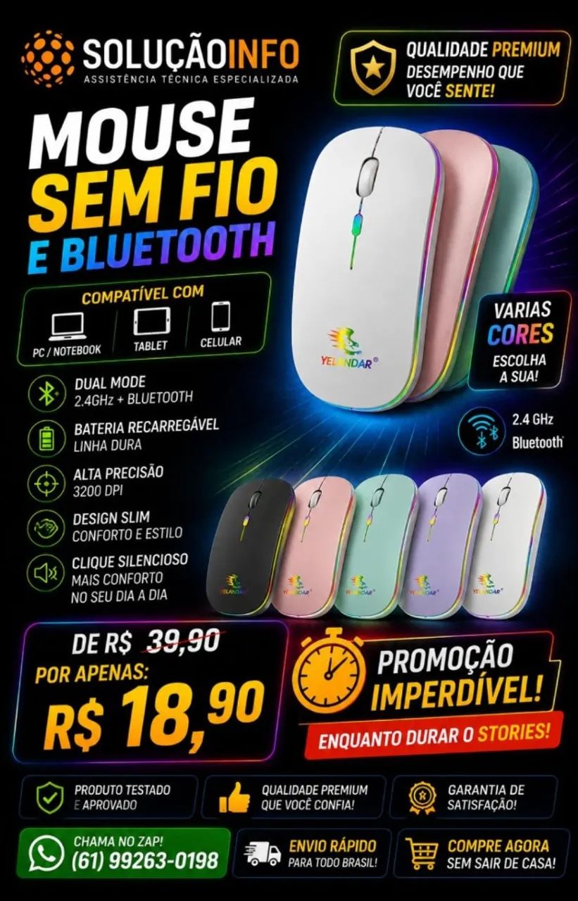 Mouse Sem Fio Bluetooth Recarregável Led Rgb Ergonômico Para Desktop Notebook Tablet e Cel