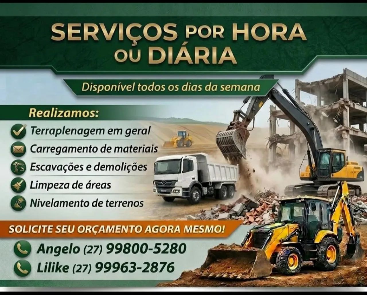 Retroescavadeira, escavadeira e Caminhão Caçamba 